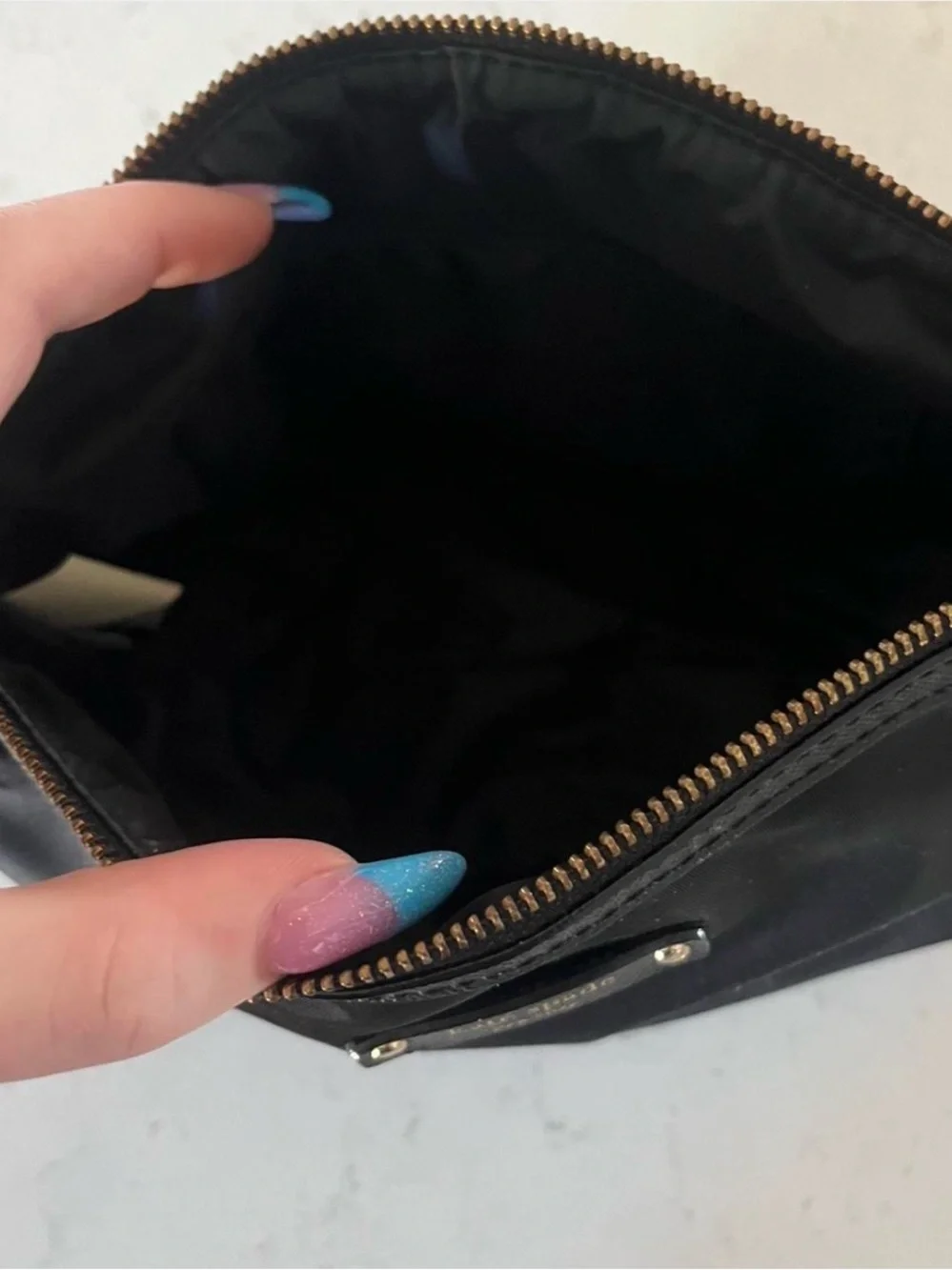 kate spade black nylon zip cosmetic pouch with gold-tone zipper